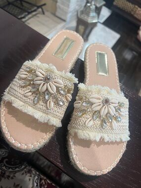 Embellished Beige Slide Sandals for Women
